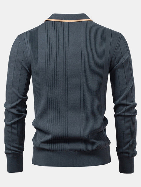 Long Sleeved Knitted Stripe Jacquard Polo Shirt & Slim Fit Tapered Trousers