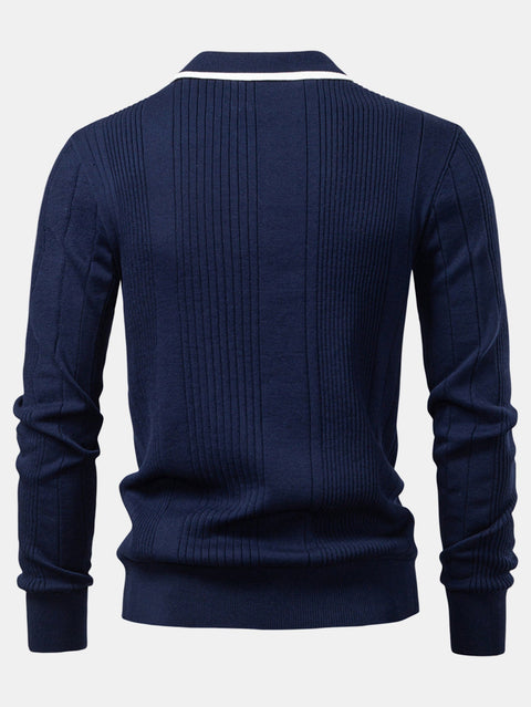 Long Sleeved Knitted Stripe Jacquard Polo Shirt & Slim Fit Tapered Trousers