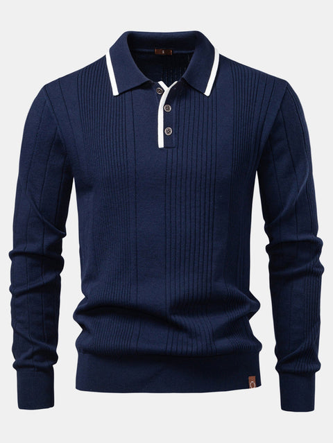 Long Sleeved Knitted Stripe Jacquard Polo Shirt & Slim Fit Tapered Trousers