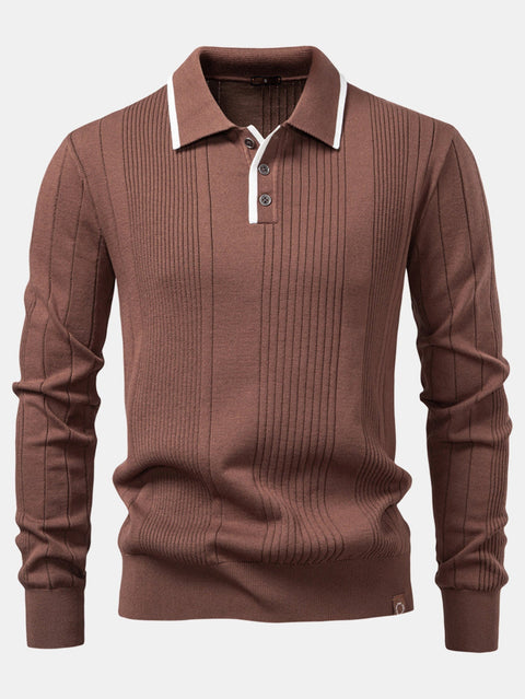 Long Sleeved Knitted Stripe Jacquard Polo Shirt & Slim Fit Tapered Trousers