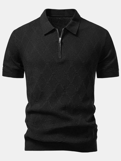 Rhombus Textured Zip Up Knitted Polo Shirt & Slim Fit Tapered Trousers