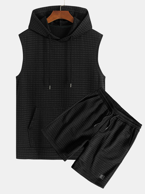 Waffle Sleeveless Hooded T-Shirt With Kangaroo Pocket & Shorts