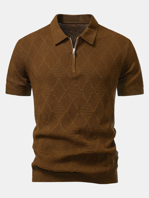 Rhombus Textured Zip Up Knitted Polo Shirt & Slim Fit Tapered Trousers