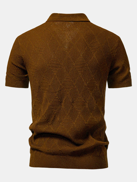 Rhombus Textured Zip Up Knitted Polo Shirt & Slim Fit Tapered Trousers