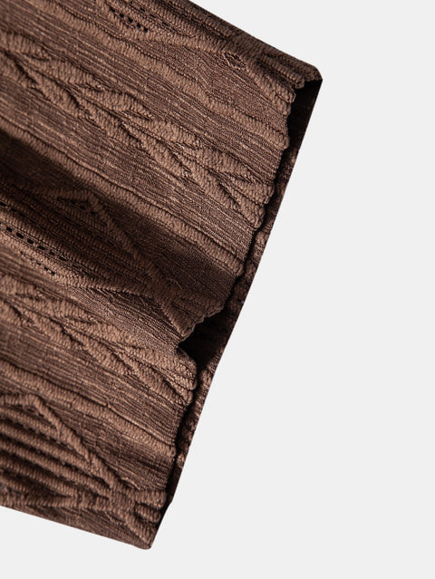 Geometric Jacquard Eyelet Cuban Shirt & Crinkle Textured Straight Leg Pants