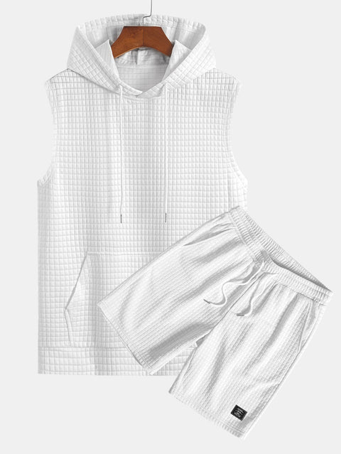 Waffle Sleeveless Hooded T-Shirt With Kangaroo Pocket & Shorts
