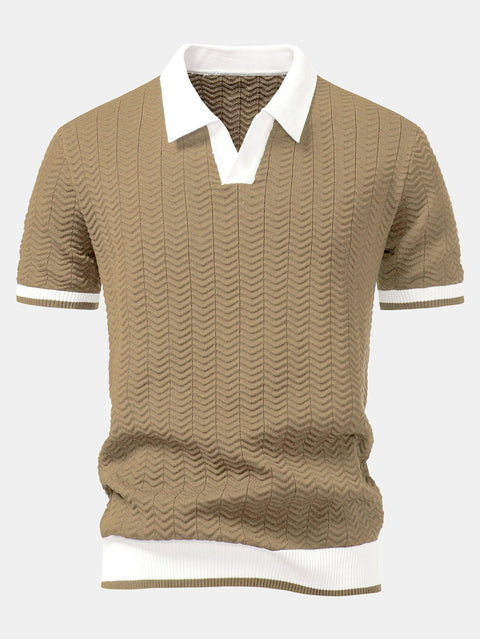 Texture Contrast Knitted V Neck Polo Shirt & Cotton Chino Shorts
