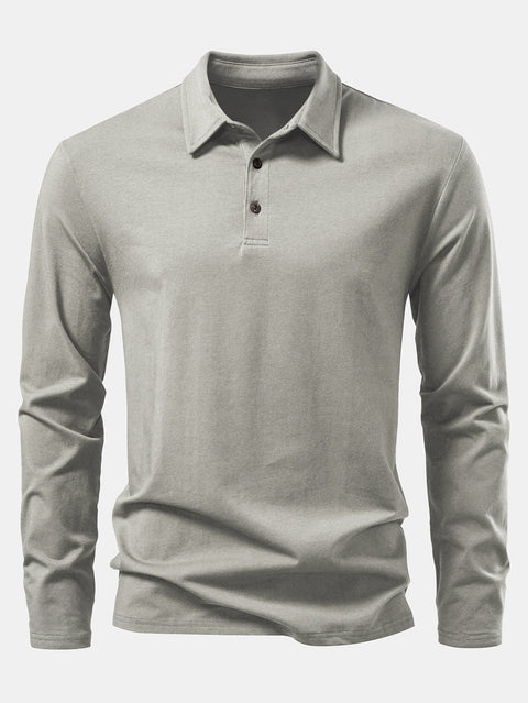 Solid Long Sleeve Cotton Polo Shirt