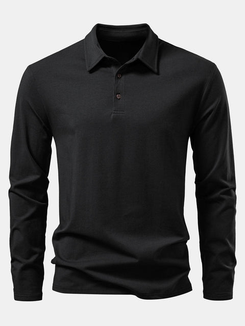 Solid Long Sleeve Cotton Polo Shirt