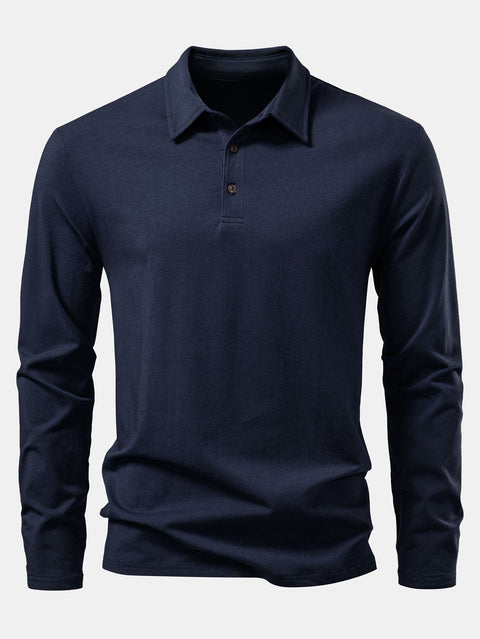 Solid Long Sleeve Cotton Polo Shirt