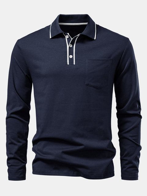 Long Sleeved Contrast Polo Shirt With Pocket