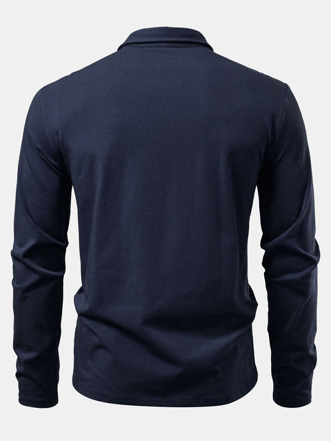 Solid Long Sleeve Cotton Polo Shirt