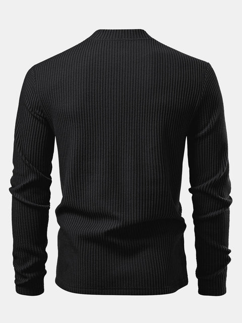 Long Sleeve Waffle Mock Neck T-Shirt & Drawstring Knitted Waffle Pants