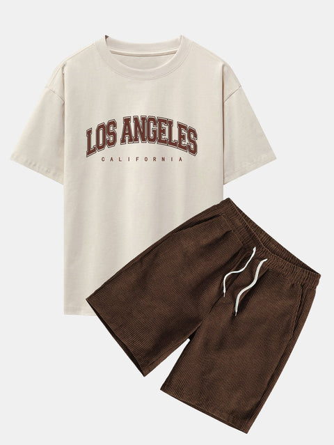 Los Angeles Print Heavy Weight Oversize T-Shirt & Corduroy Shorts