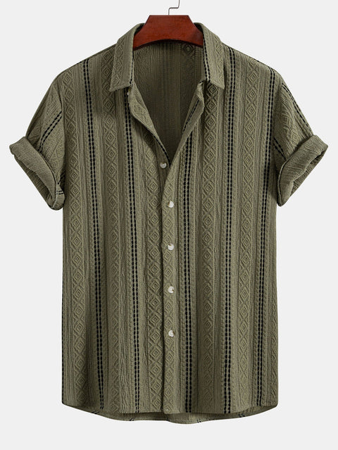 Geometric Striped Jacquard Button Up Shirt & Crinkled Textured Drawstring Shorts