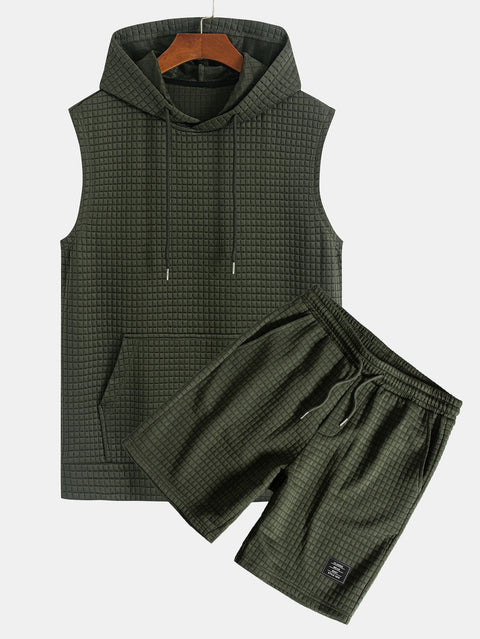 Waffle Sleeveless Hooded T-Shirt With Kangaroo Pocket & Shorts