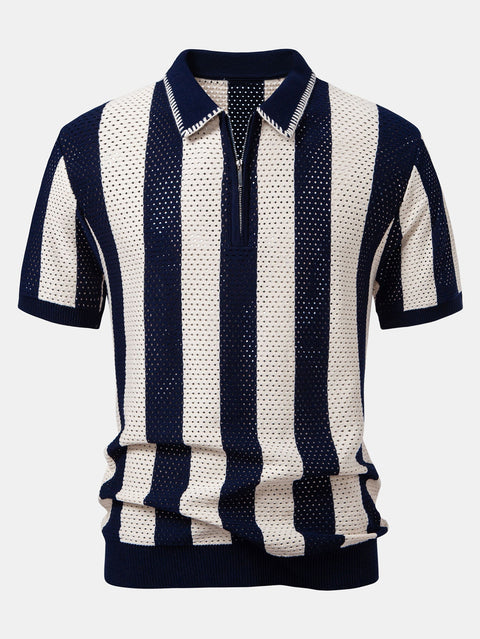 Striped Eyelet Knit Zip Up Polo Shirt & Straight Leg Linen Pants