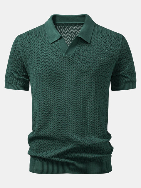 Textured Crochet V Neck Polo Shirt