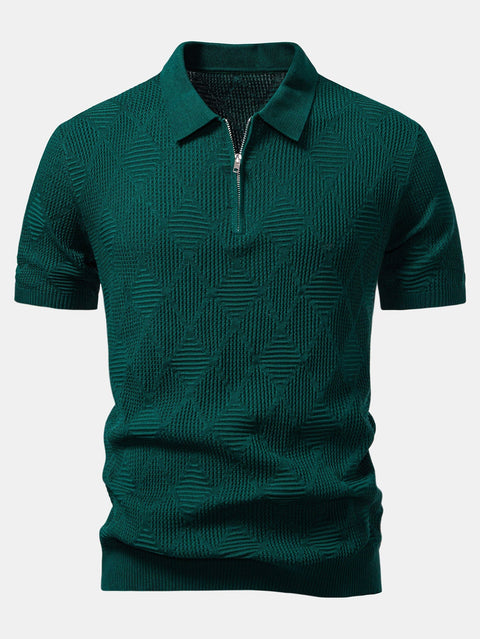Rhombus Textured Zip Up Knitted Polo Shirt & Slim Fit Tapered Trousers