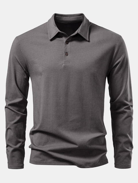 Solid Long Sleeve Cotton Polo Shirt