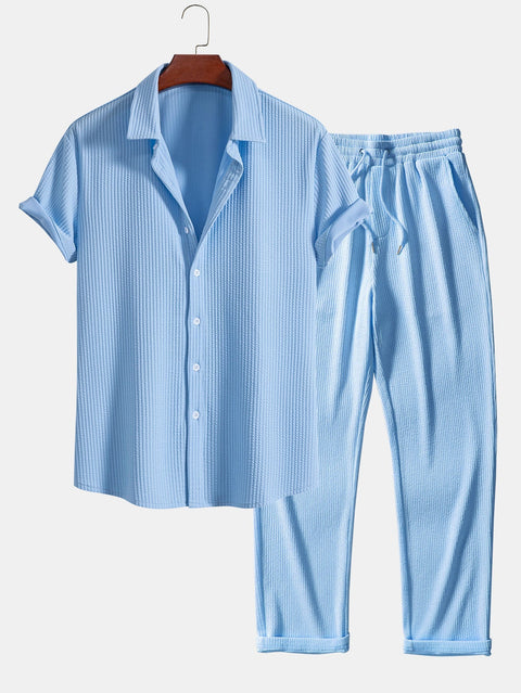 Muscle Fit Ribbed Button Up Shirt & Straight Leg Ribbed Pants