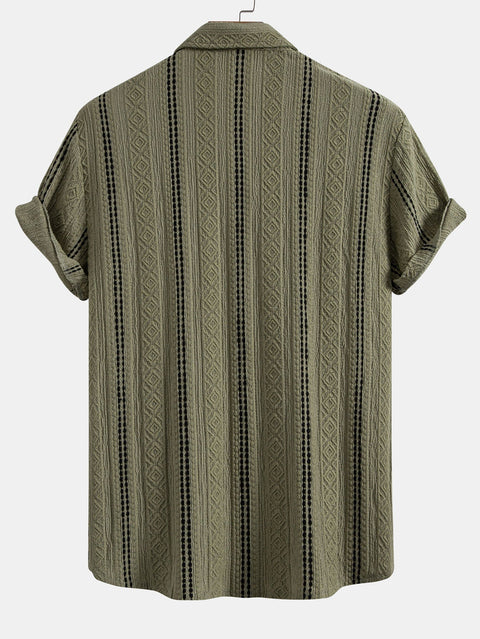 Geometric Striped Jacquard Button Up Shirt & Crinkle Textured Straight Leg Pants