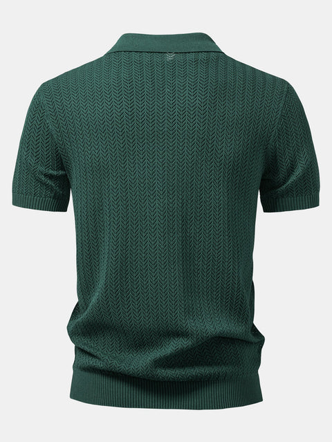 Textured Crochet V Neck Polo Shirt