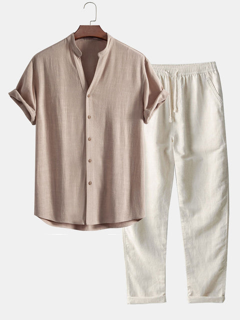 V Neck Linen Rayon Blend Shirt & Straight Leg Linen Pants