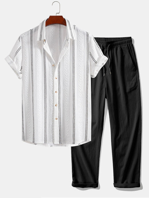 Geometric Striped Jacquard Button Up Shirt & Crinkle Textured Straight Leg Pants