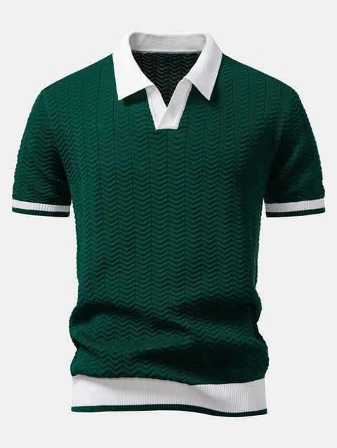 Texture Contrast Knitted V Neck Polo Shirt & Straight Leg Ribbed Pants