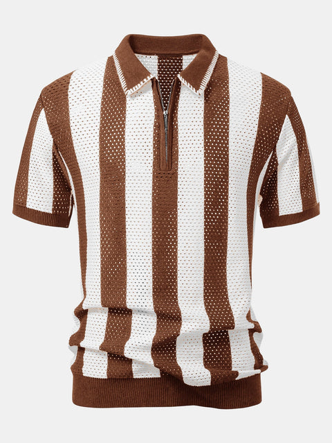Striped Eyelet Knit Zip Up Polo Shirt & Straight Leg Linen Pants