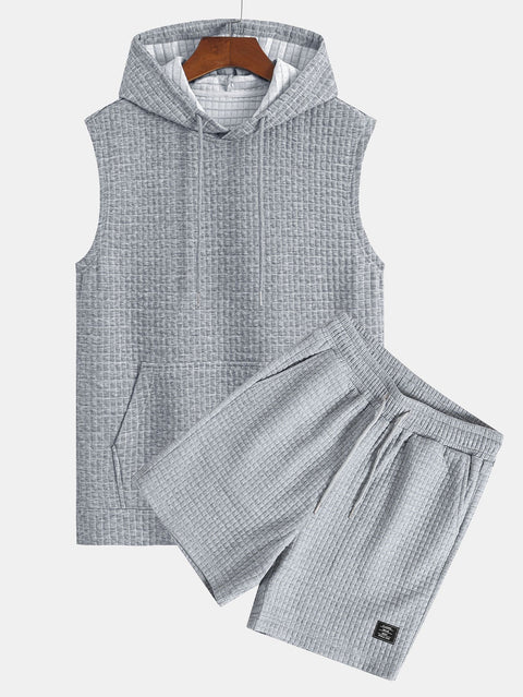 Waffle Sleeveless Hooded T-Shirt With Kangaroo Pocket & Shorts