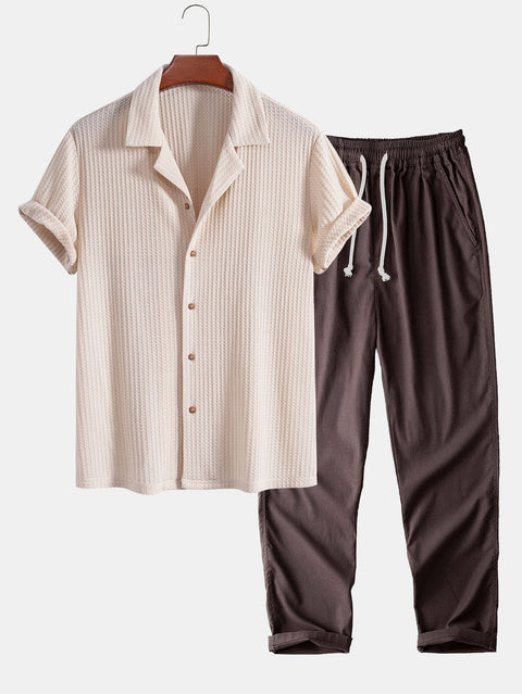 Short Sleeve Knitted Waffle Cuban Shirt & Straight Leg Linen Pants