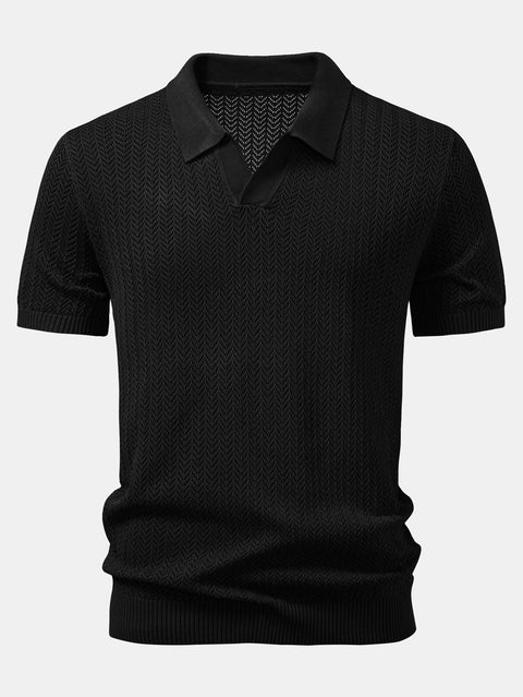 Textured Crochet V Neck Polo Shirt