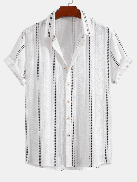 Geometric Striped Jacquard Button Up Shirt & Crinkled Textured Drawstring Shorts