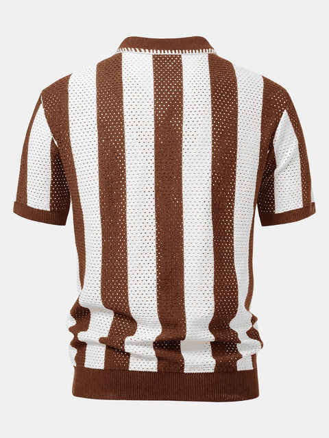 Striped Eyelet Knit Zip Up Polo Shirt & Straight Leg Linen Pants