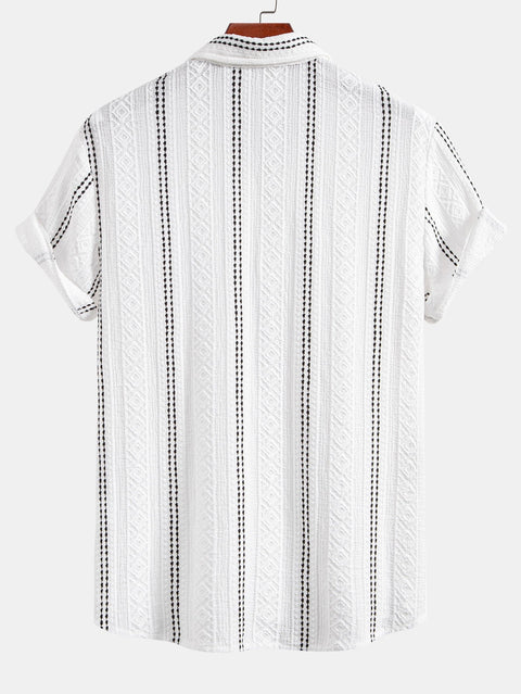 Geometric Striped Jacquard Button Up Shirt & Crinkle Textured Straight Leg Pants