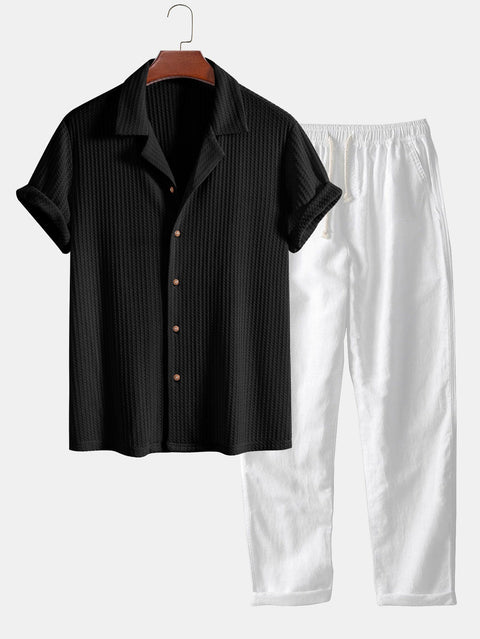 Short Sleeve Knitted Waffle Cuban Shirt & Straight Leg Linen Pants