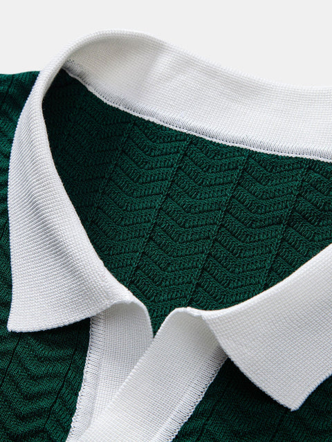 Texture Contrast Knitted V Neck Polo Shirt & Cotton Chino Shorts
