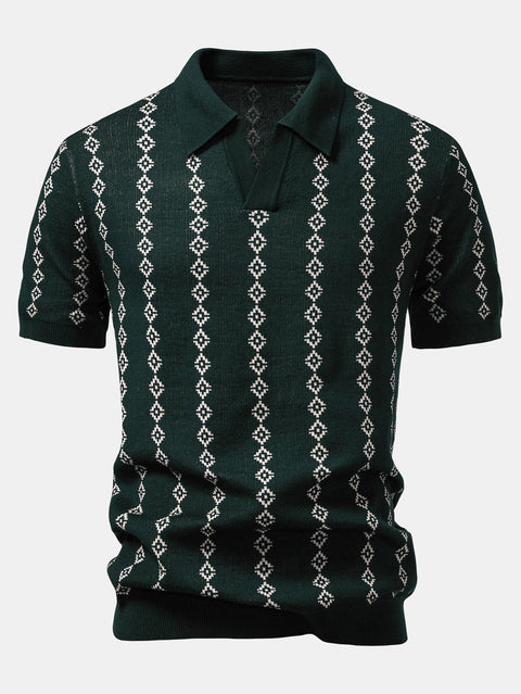 Geometric Knit V Neck Polo Shirt & Slim Fit Tapered Trousers