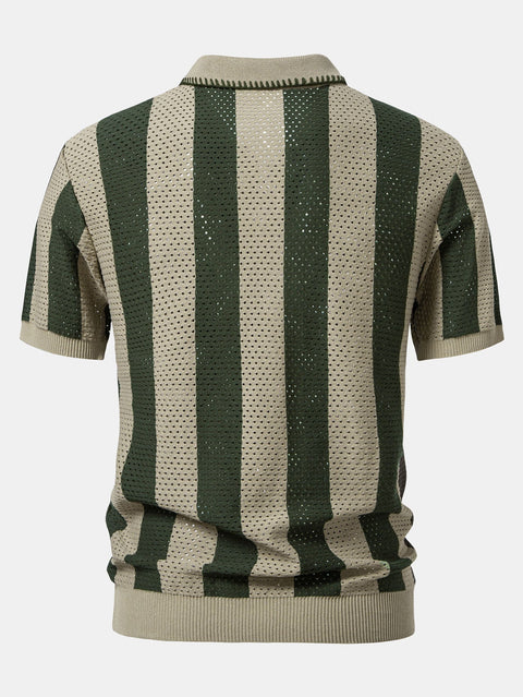 Striped Eyelet Knit Zip Up Polo Shirt & Straight Leg Linen Pants