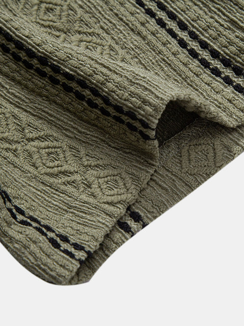 Geometric Striped Jacquard Button Up Shirt & Straight Leg Linen Pants