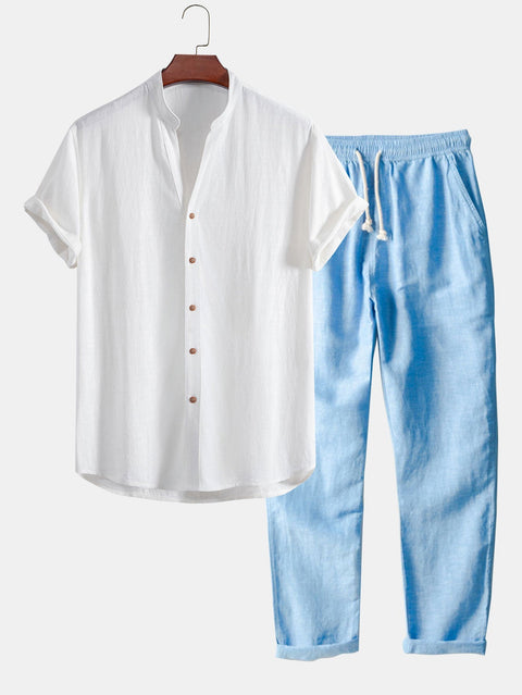 V Neck Linen Rayon Blend Shirt & Straight Leg Linen Pants