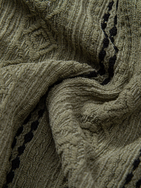 Geometric Striped Jacquard Button Up Shirt & Straight Leg Linen Pants