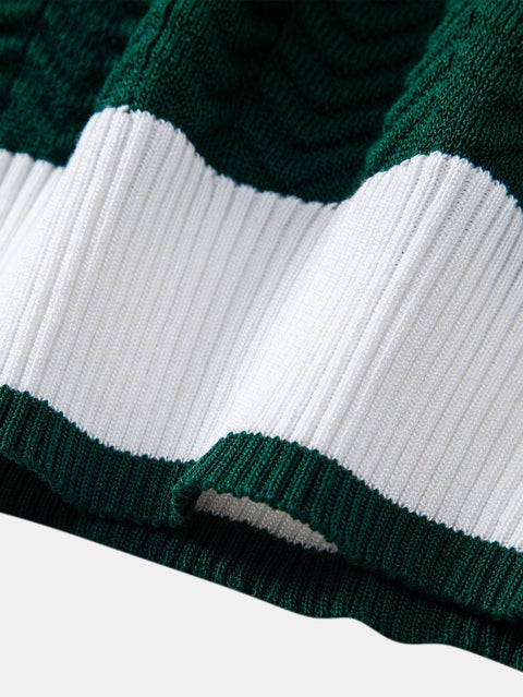 Texture Contrast Knitted V Neck Polo Shirt & Straight Leg Ribbed Pants