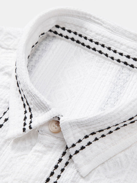 Geometric Striped Jacquard Button Up Shirt & Crinkle Textured Straight Leg Pants