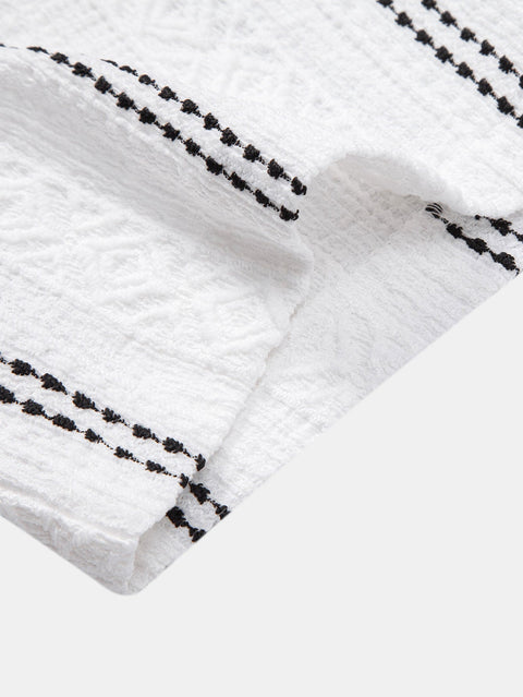 Geometric Striped Jacquard Button Up Shirt & Crinkled Textured Drawstring Shorts