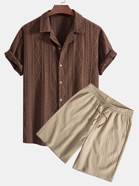 Geometric Jacquard Eyelet Cuban Shirt & Crinkled Textured Drawstring Shorts
