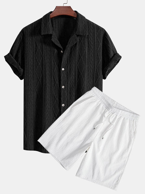 Geometric Jacquard Eyelet Cuban Shirt & Crinkled Textured Drawstring Shorts