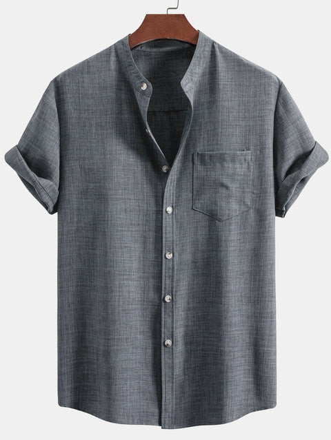 Short Sleeve Stand Collar Shirt & Straight Leg Linen Pants